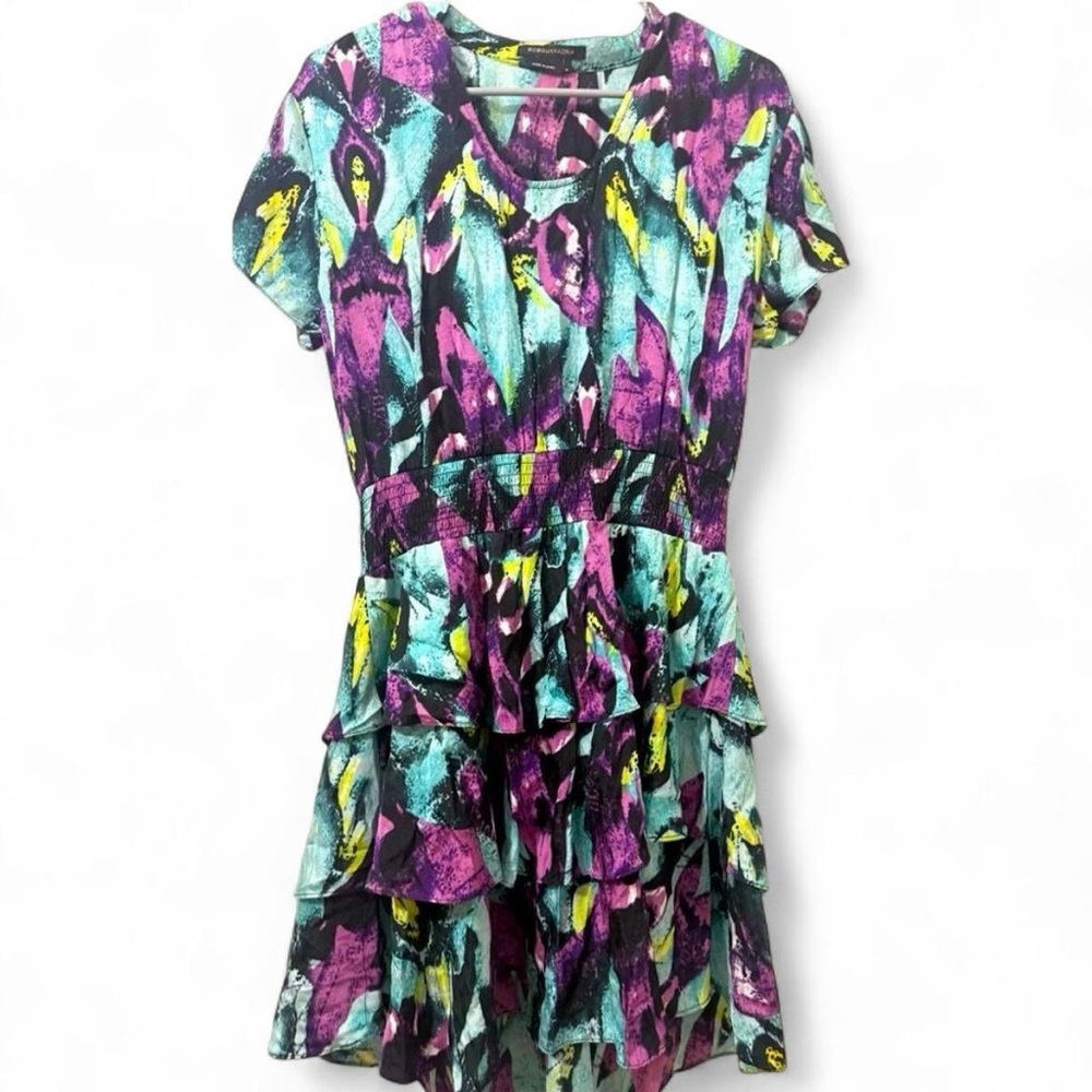 BCBGMAXAZRIA Multicolor Short Sleeve Tiered Ruffle Skirt Dress